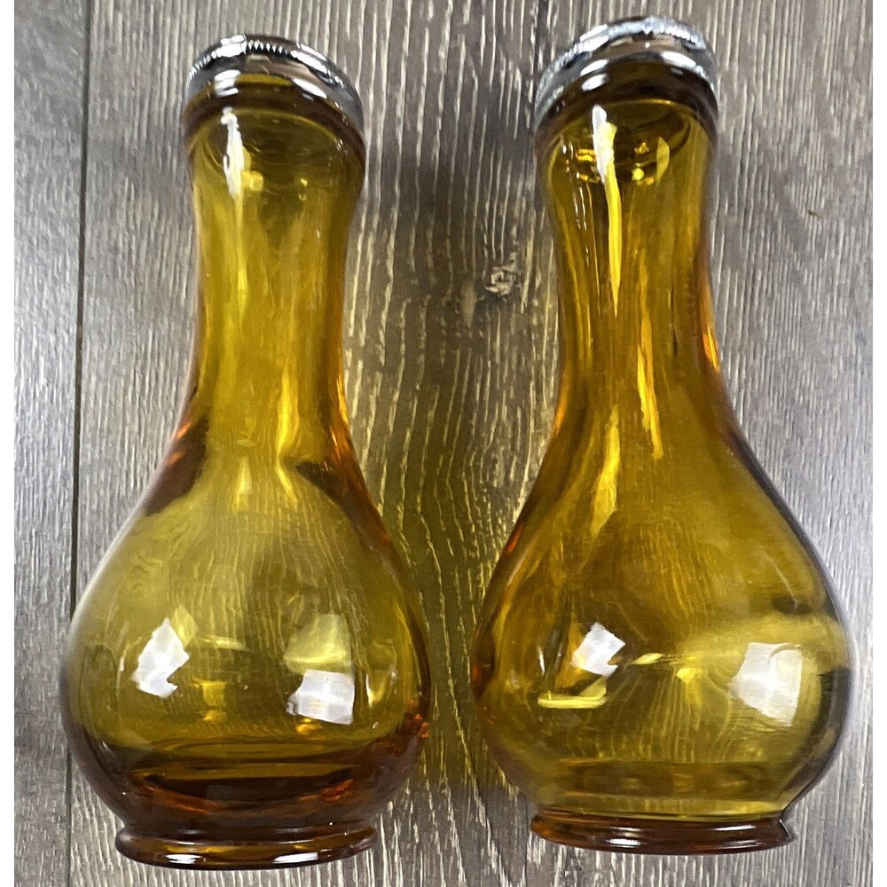 Amber Glass Salt & Pepper Shakers Set of 2 w/ Silver-Tone Metal Lids 6 in
